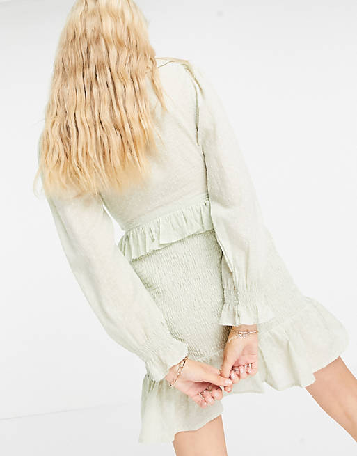 Dresses soft cut out mini dress with shirred skirt in dobby in sage green 