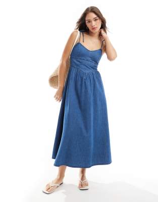 asos design soft denim ballerina midi dress in midwash blue