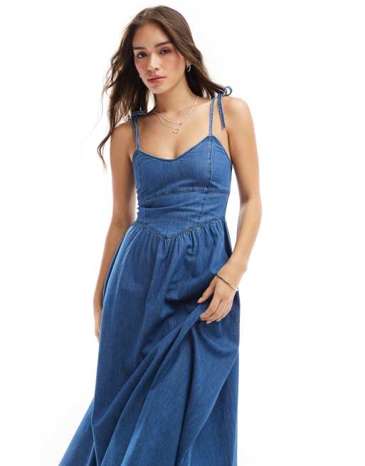 ASOS DESIGN soft denim ballerina midi dress in midwash blue | ASOS