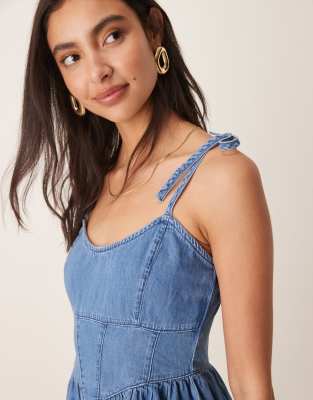 ASOS DESIGN soft denim ballerina mini dress in midwash blue