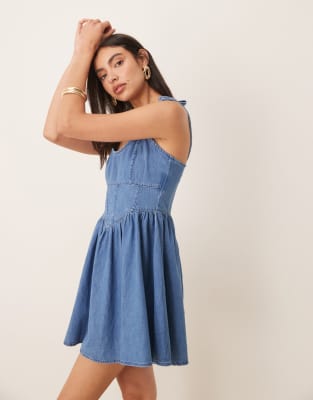 ASOS DESIGN soft denim ballerina mini dress in midwash blue