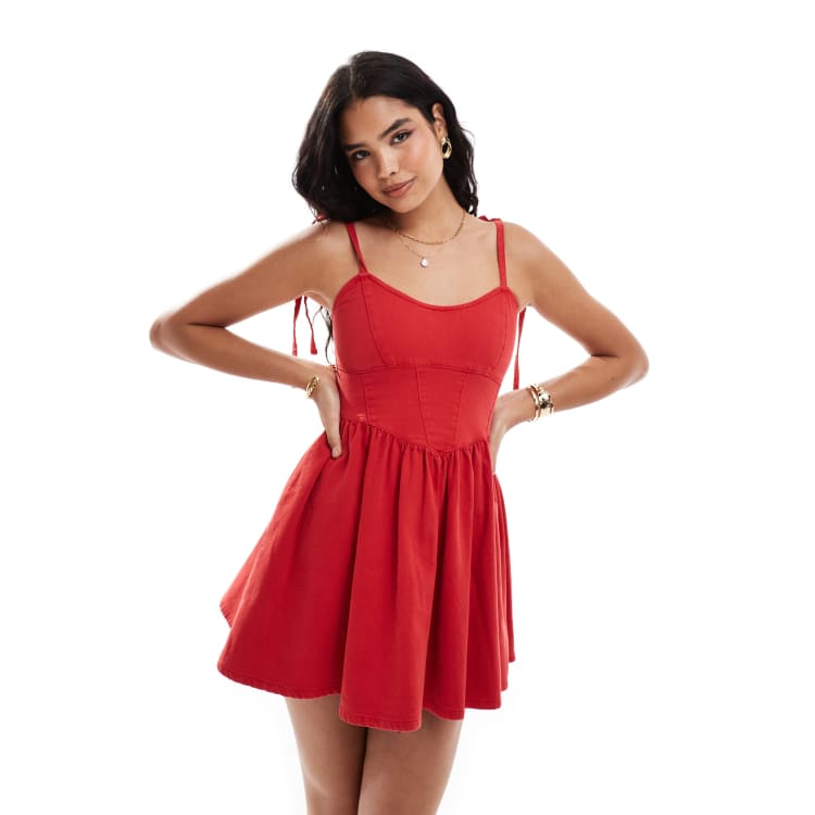 red denim mini dress Crimson Love Denim Mini Dress