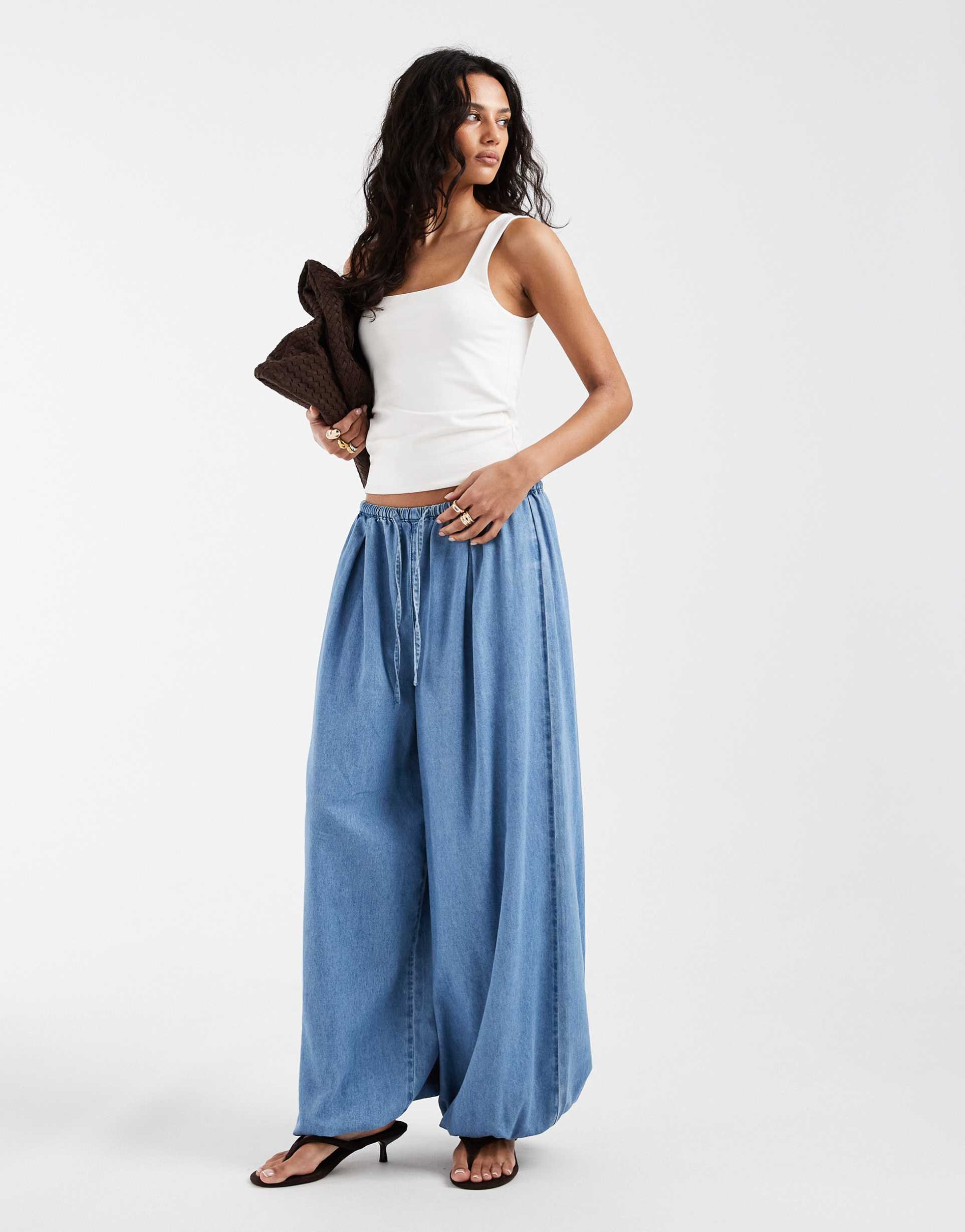 asos design soft denim balloon pants in midwash