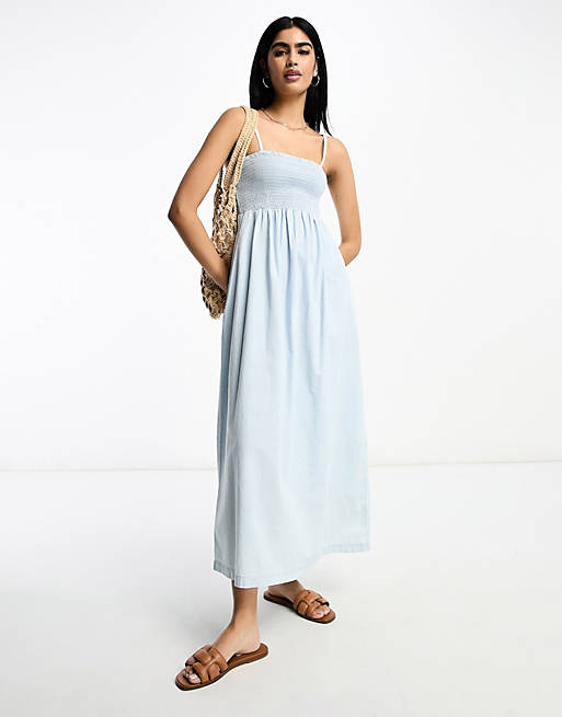 ASOS DESIGN soft denim bandeau midi dress in lightwash blue | ASOS