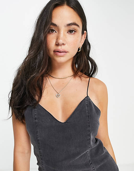 Women soft denim barely there slip dress in washed black 