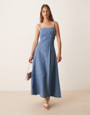 soft denim cami fit and flare midi dress in midwash blue
