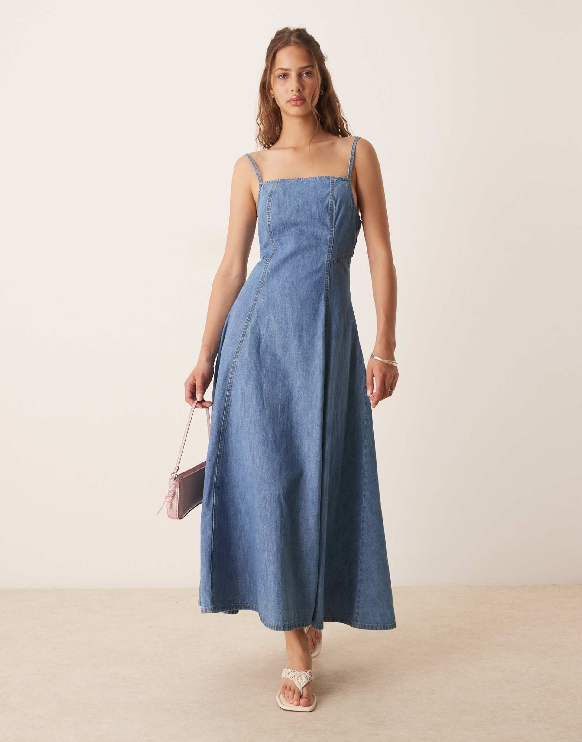 asos design soft denim cami fit and flare midi dress in midwash blue