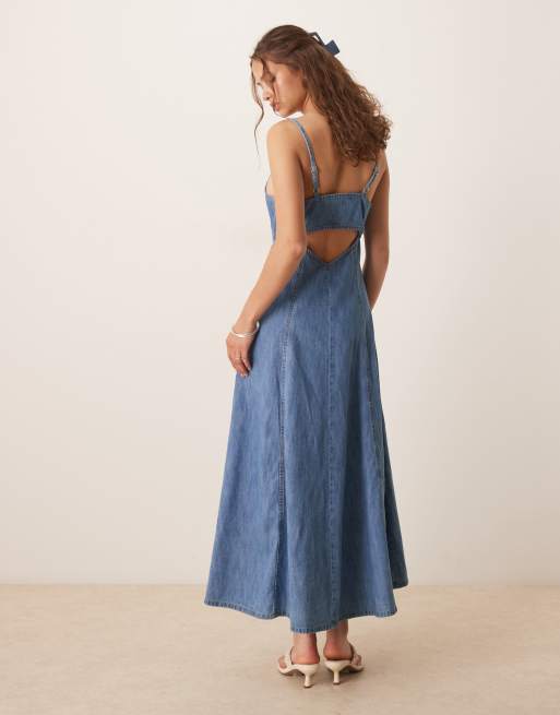 ASOS DESIGN soft denim cami fit and flare midi dress in midwash blue