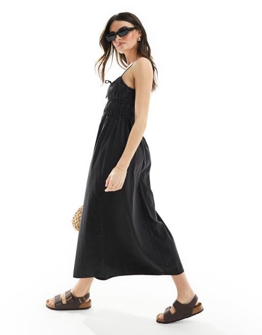 ASOS DESIGN soft denim cami midi dress with ruching detail in black, 2 of 4