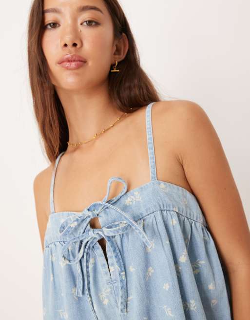 ASOS DESIGN soft denim cami mini dress with tie front detail in ditsy print, 3 of 4