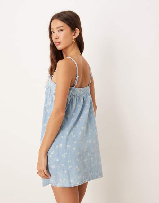 ASOS DESIGN soft denim cami mini dress with tie front detail in floral print, 4 of 4