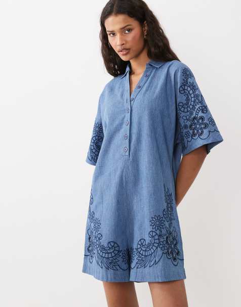 ASOS DESIGN soft denim crochet playsuit in darkwash - view 1
