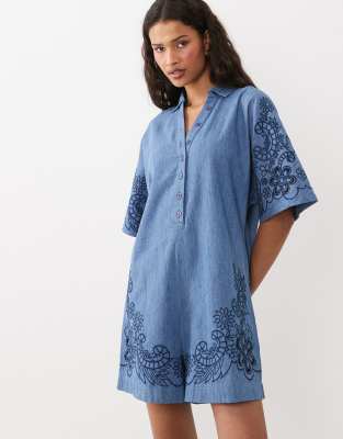 Asos Design Soft Denim Crochet Romper In Blue