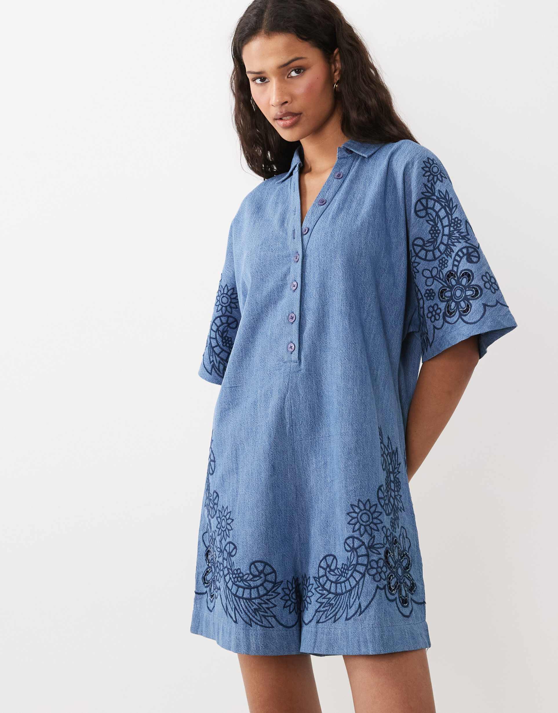 asos design soft denim crochet romper in darkwash