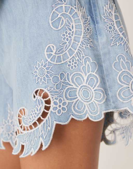 ASOS DESIGN soft denim crochet shorts in midwash blue - part of a set