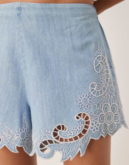 ASOS DESIGN soft denim crochet shorts in midwash blue - part of a set
