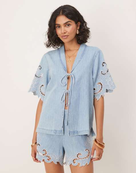 ASOS DESIGN soft denim crochet top in midwash blue co-ord