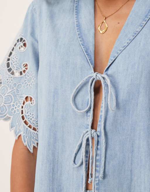 ASOS DESIGN soft denim crochet top in midwash blue - part of a set, 3 of 4