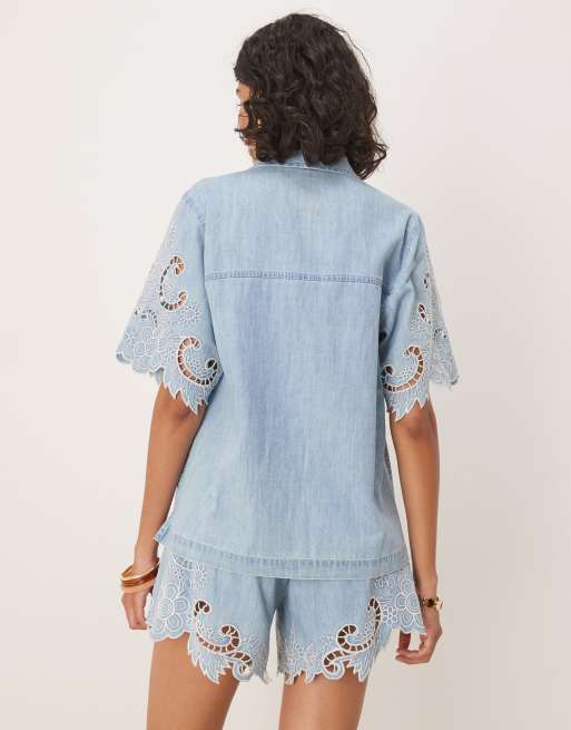ASOS DESIGN soft denim crochet top in midwash blue - part of a set