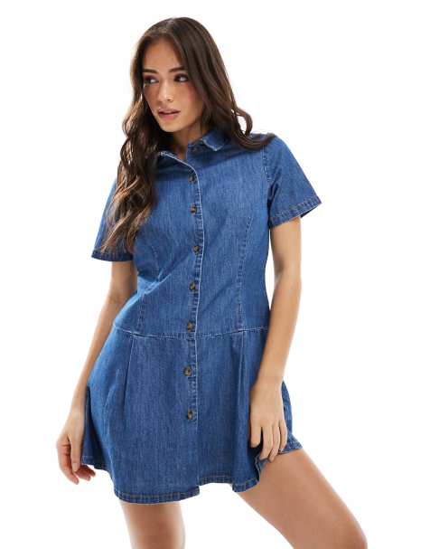 ASOS DESIGN soft denim drop waist mini dress in midwash blue - view 1