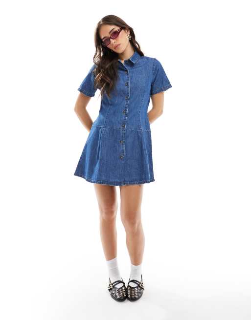 ASOS DESIGN soft denim drop waist mini dress with pleat in midwash blue, 4 of 4