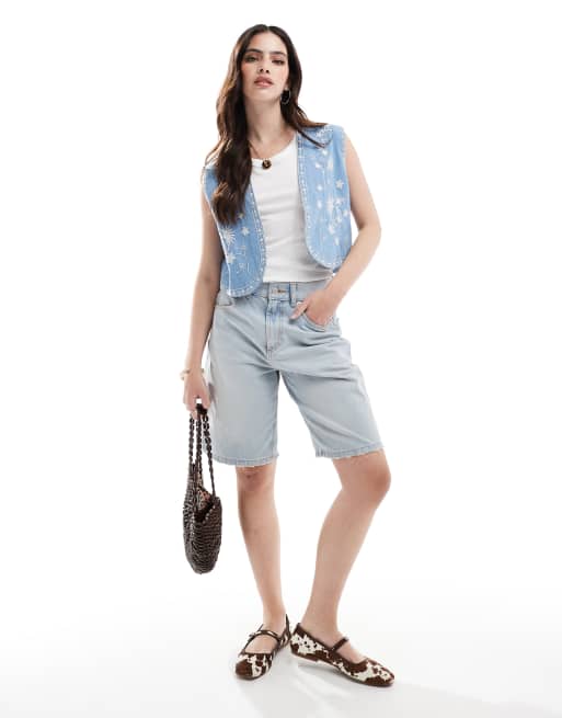 ASOS DESIGN soft denim embroidery vest in mid blue, 2 of 4