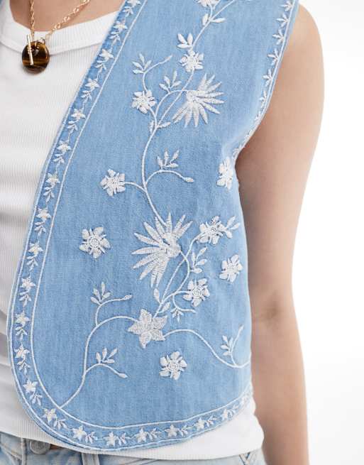 ASOS DESIGN soft denim embroidery vest in mid blue, 3 of 4