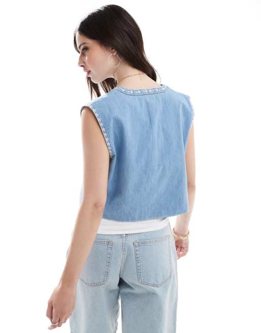ASOS DESIGN soft denim embroidery vest in mid blue, 4 of 4