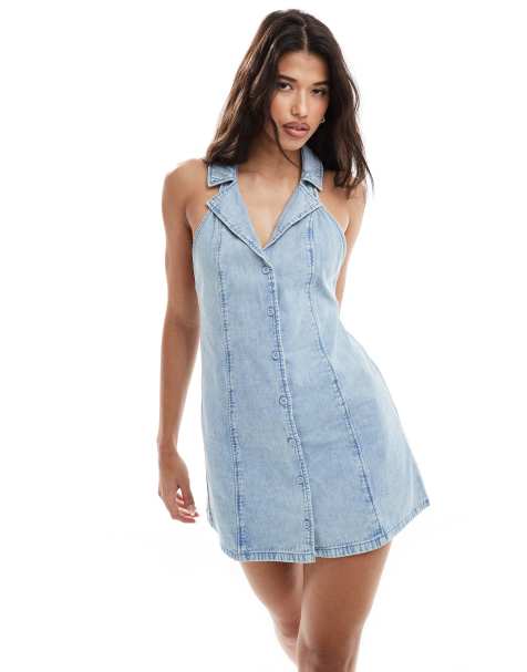 ASOS DESIGN soft denim halter neck mini dress in light wash - view 1