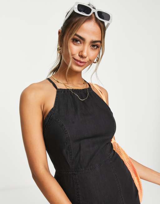 ASOS DESIGN soft denim halterneck slip dress in black