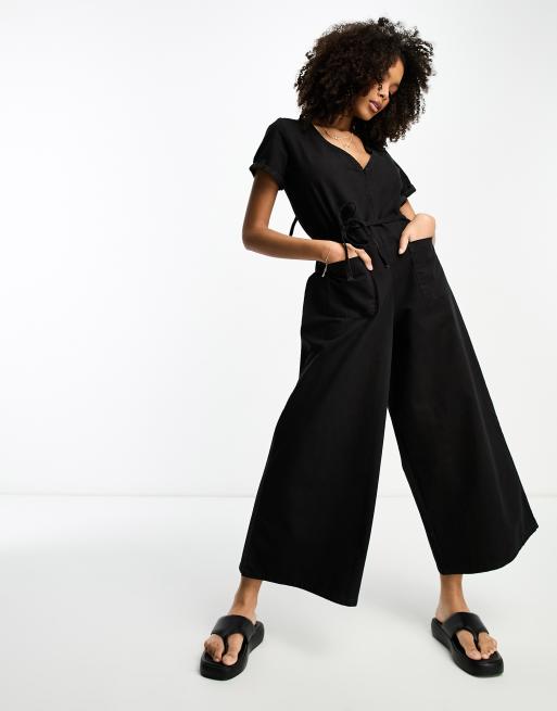 Stradivarius coated denim jumpsuit in black