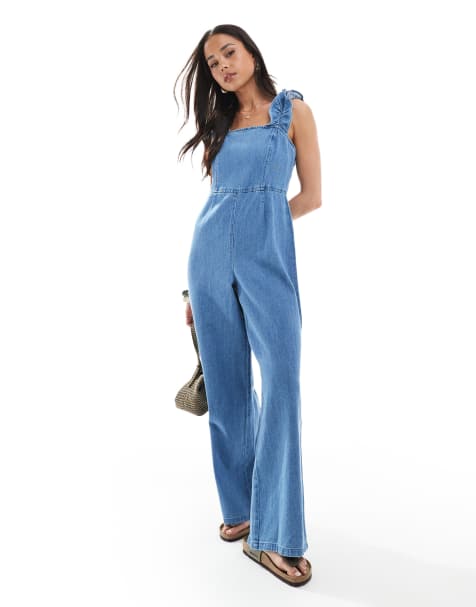 ASOS DESIGN soft denim jumpsuit with frill strap in light blue - view 1