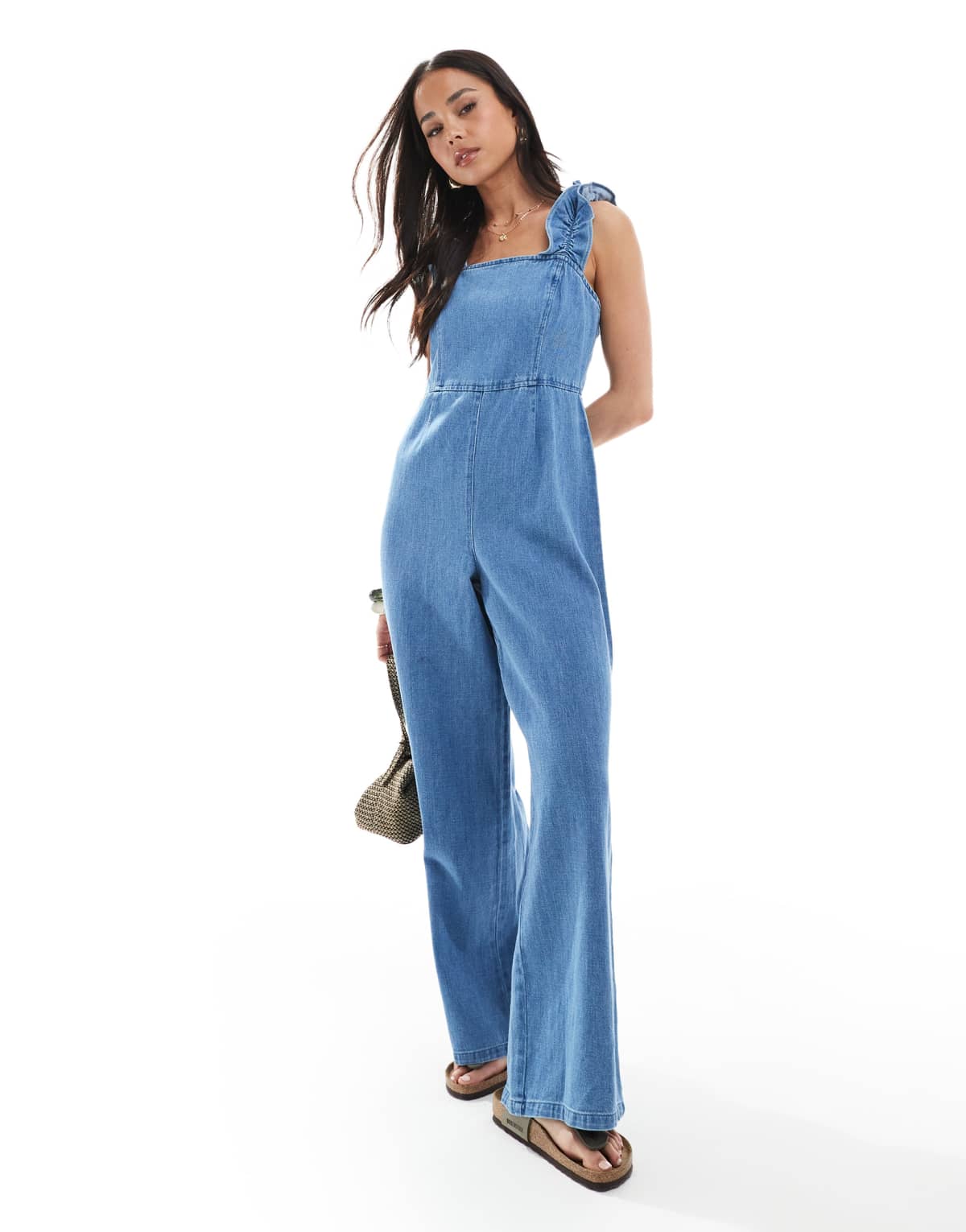 ASOS DESIGN soft denim jumpsuit with frill strap in light blue