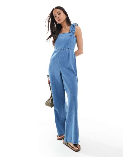 ASOS DESIGN soft denim jumpsuit with frill strap in light blue