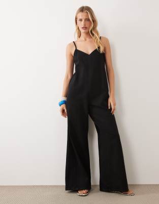 Asos Design Soft Denim Jumpsuit With Wide Leg In Black