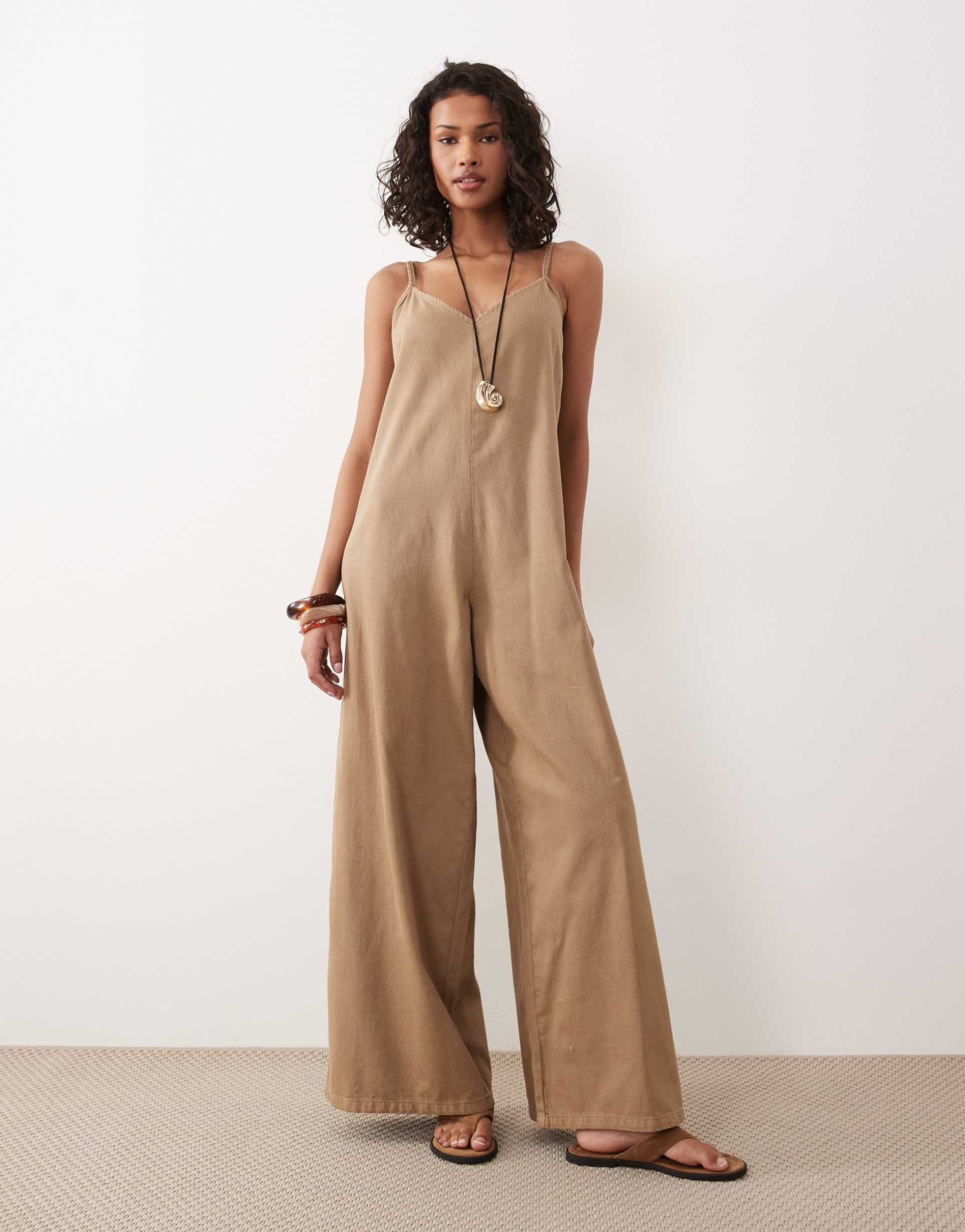 asos design soft denim jumpsuit with wide leg in mocha