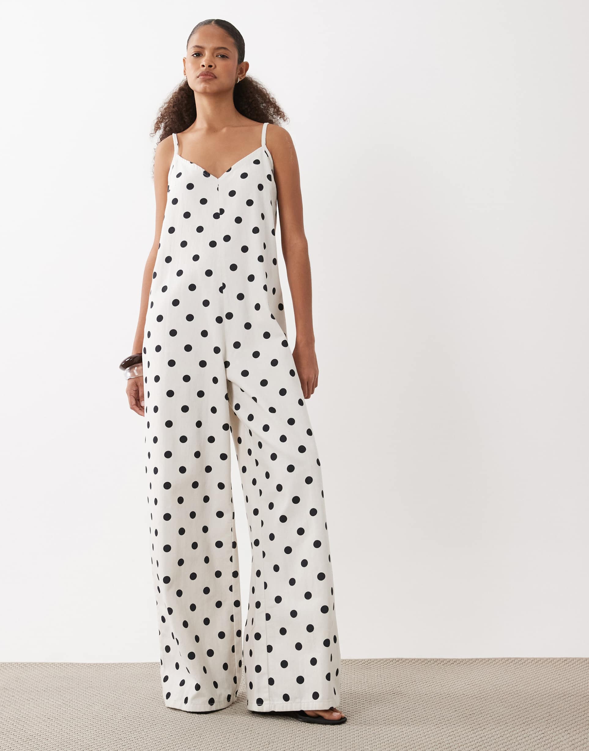 asos design soft denim jumpsuit with wide leg in polka dot print
