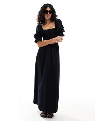Asos Design Soft Denim Maxi Dress With Puff Sleeves In Black