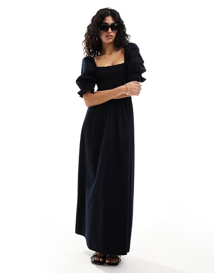 Asos Design Soft Denim Maxi Dress With Puff Sleeves In Black