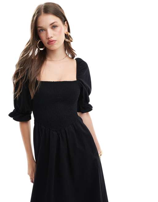 ASOS DESIGN soft denim maxi dress with puff sleeves in black