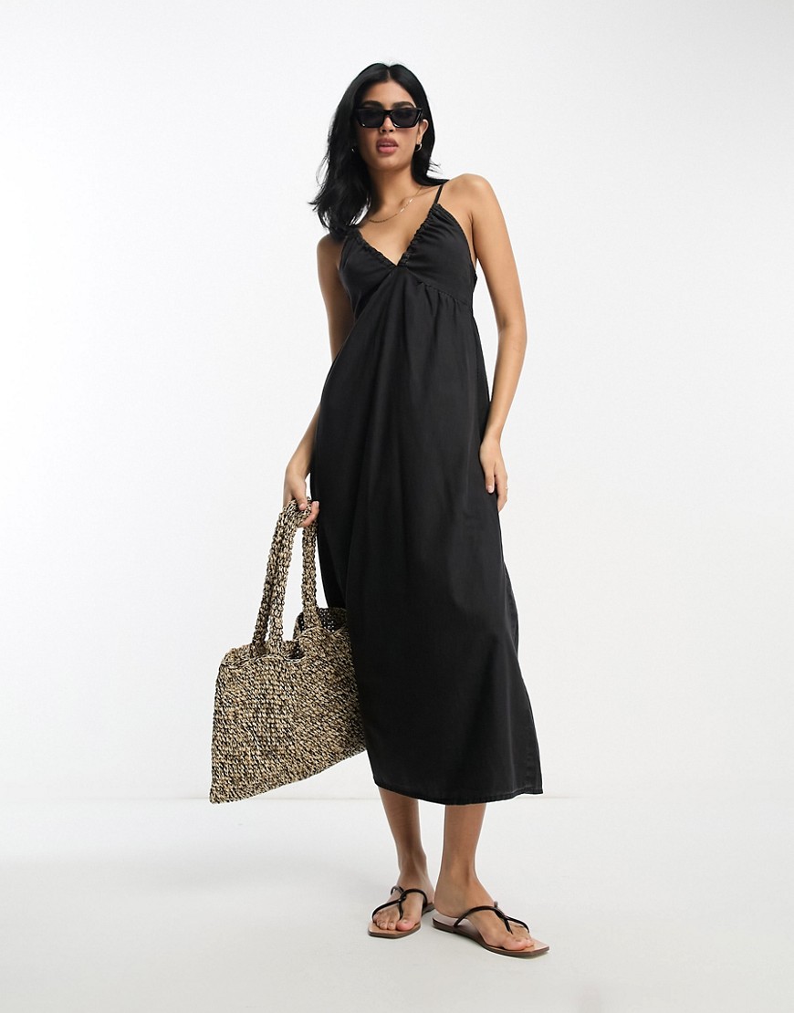 ASOS DESIGN soft denim maxi dress with strap back detail in washed black