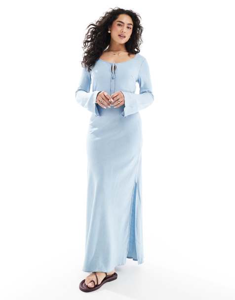 ASOS DESIGN soft denim maxi dress with tie front in light blue - view 1