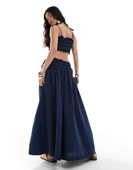 ASOS DESIGN soft denim maxi skirt with ruched waist in dark blue black co-ord , 2 of 5