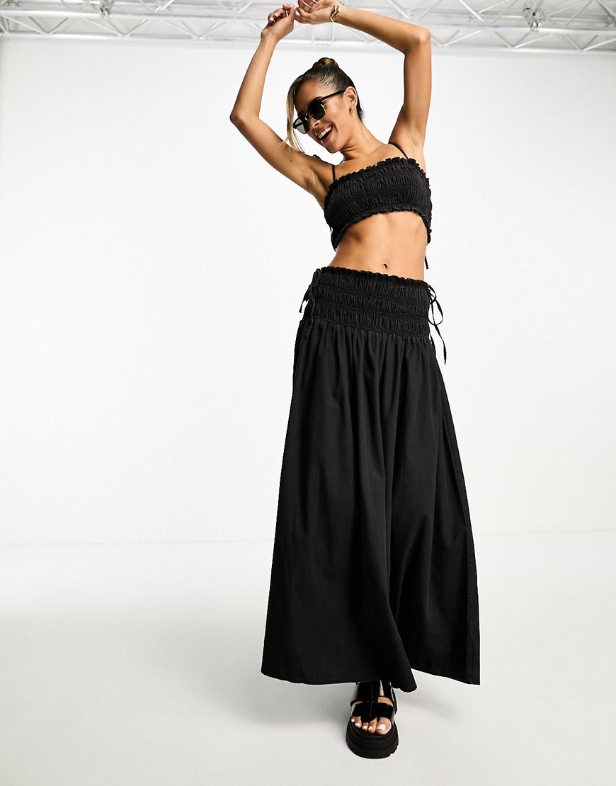 ASOS DESIGN soft denim maxi skirt with ruched waist in washed black co-ord