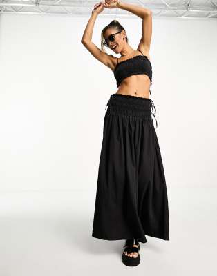 ASOS DESIGN soft denim maxi skirt with ruched waist in washed black (part of a set) 