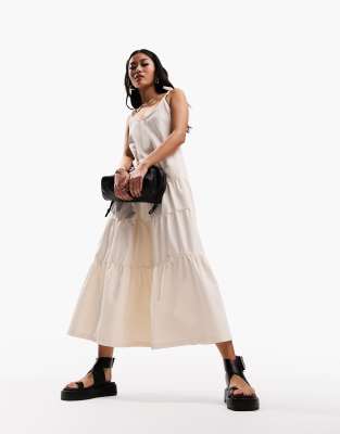 Asos Design Soft Denim Midaxi Dress With Tie Straps In Ecru-neutral
