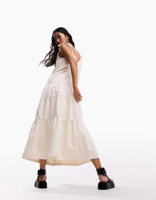 ASOS DESIGN soft denim midaxi dress with tie straps in ecru, 2 of 5