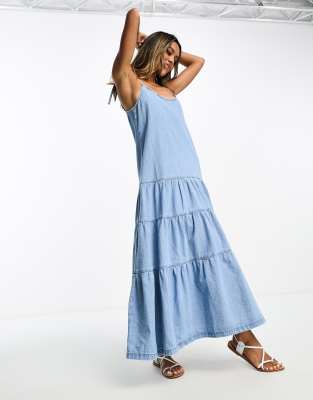 ASOS DESIGN Soft Denim Midaxi Dress With Tie Straps In Lightwash Blue