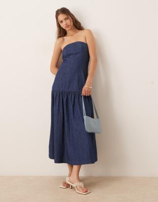 soft denim midi bandeau dress with pleats in rinse wash-Blue
