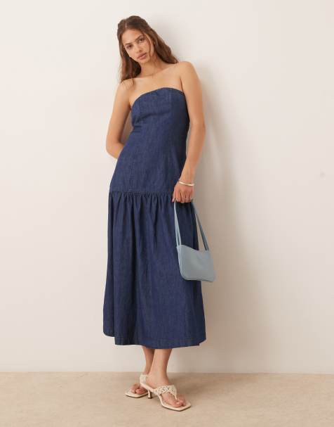 ASOS DESIGN soft denim midi bandeau dress with pleats in rinse wash - view 1